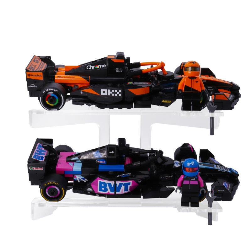 Brix Plus 2-Car LEGO® Speed Champions Display Stand 2-Pack — two clear acrylic stands