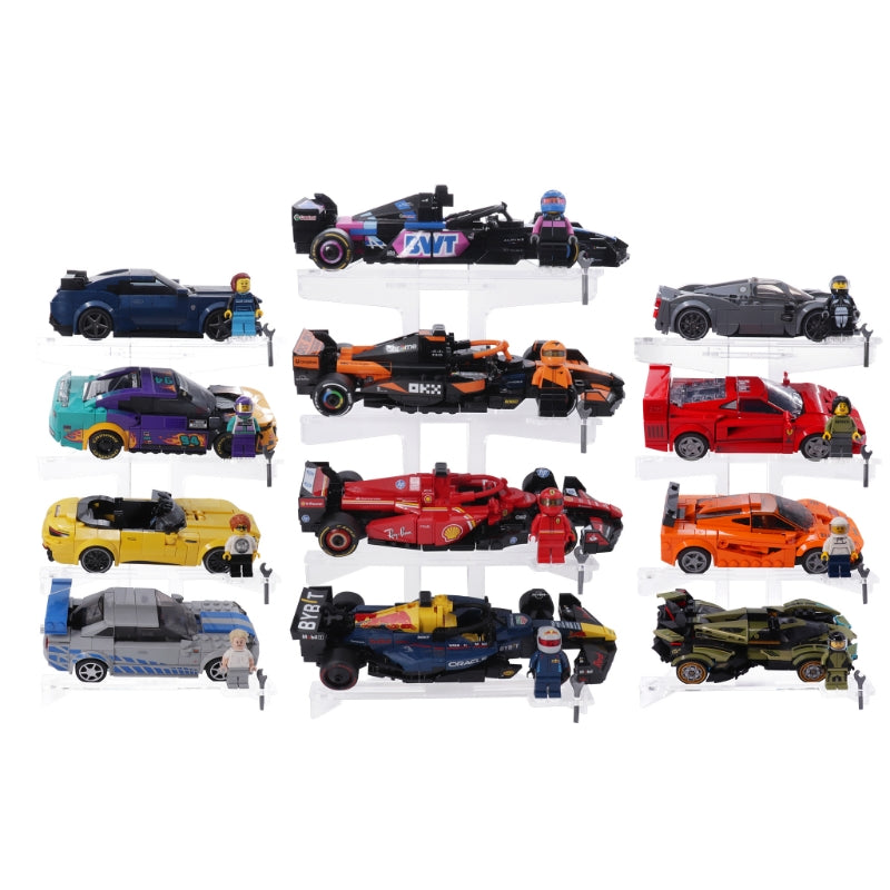 Brix Plus 4-Car LEGO® Speed Champions Display Stand 3-Pack — three crystal-clear acrylic stands holding twelve cars