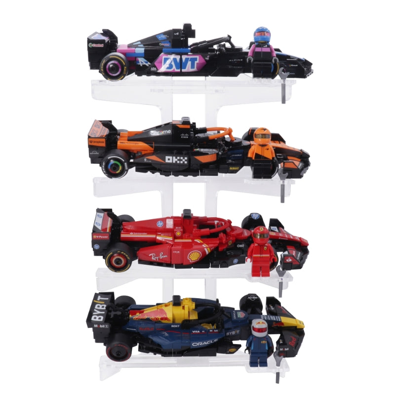 Brix Plus 4-Car LEGO® Speed Champions Display Stand — clear acrylic tower holding four cars and minifigure drivers