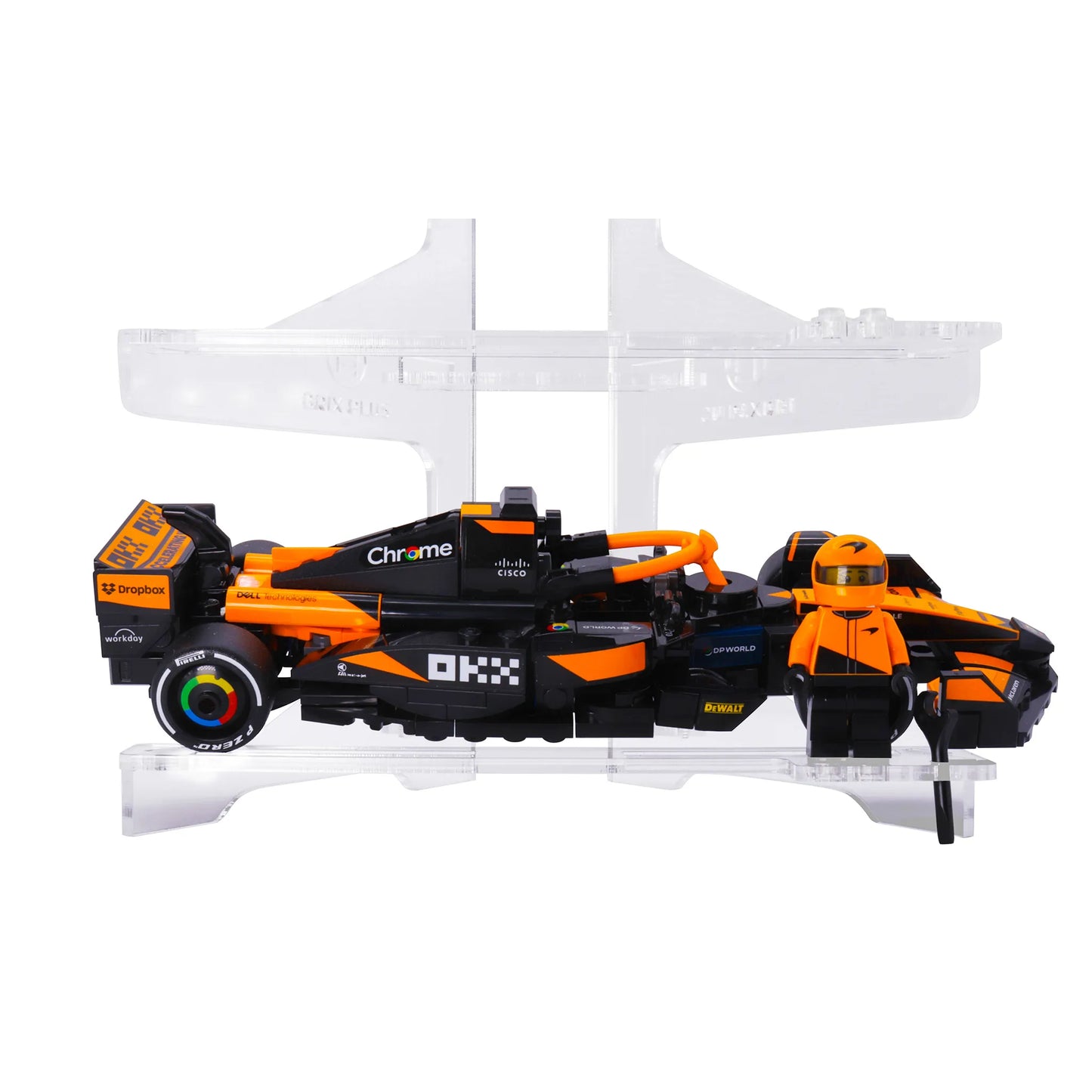 Brix Plus 2-Car display stand on a styled shelf with LEGO® Speed Champions builds