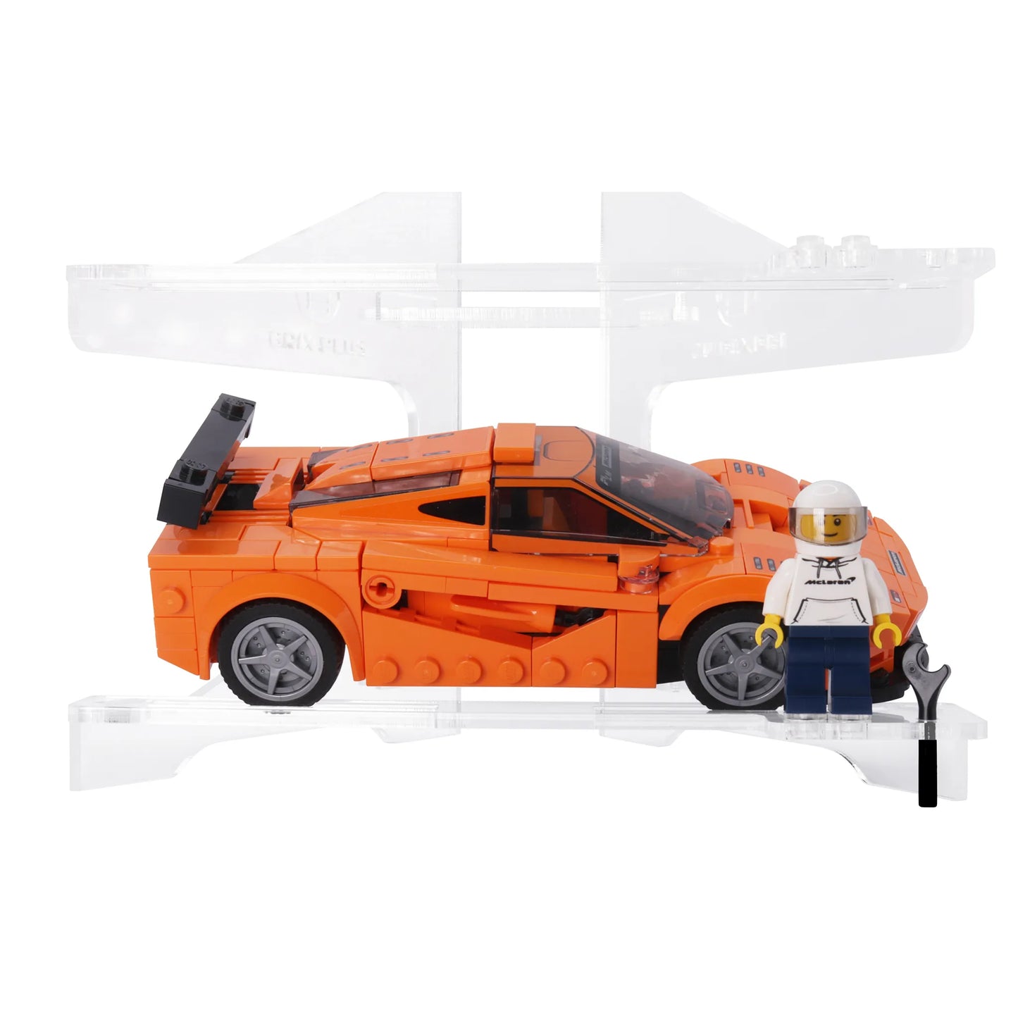 LEGO® Speed Champions McLaren F1 LM with minifigure displayed on Brix Plus 2-car acrylic stand