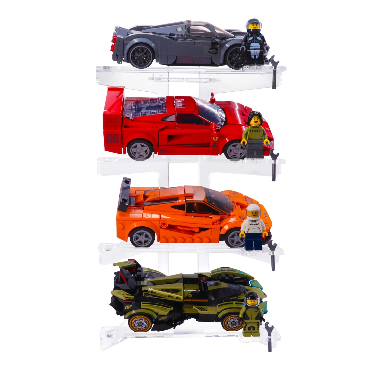 Top-down view of LEGO® Speed Champions cars on Brix Plus acrylic stand