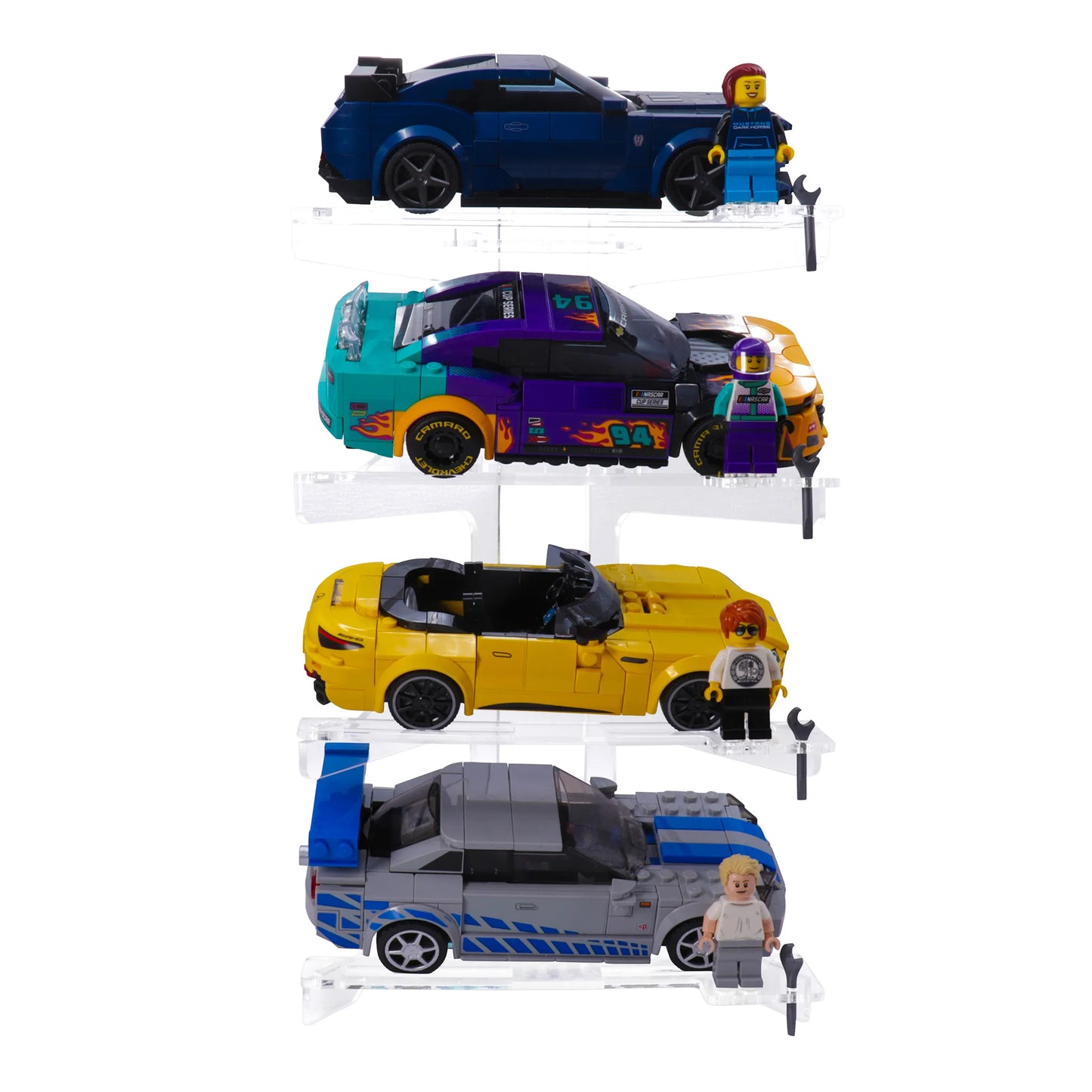 Detail shot of crystal-clear acrylic Brix Plus stand holding a LEGO® Speed Champions car
