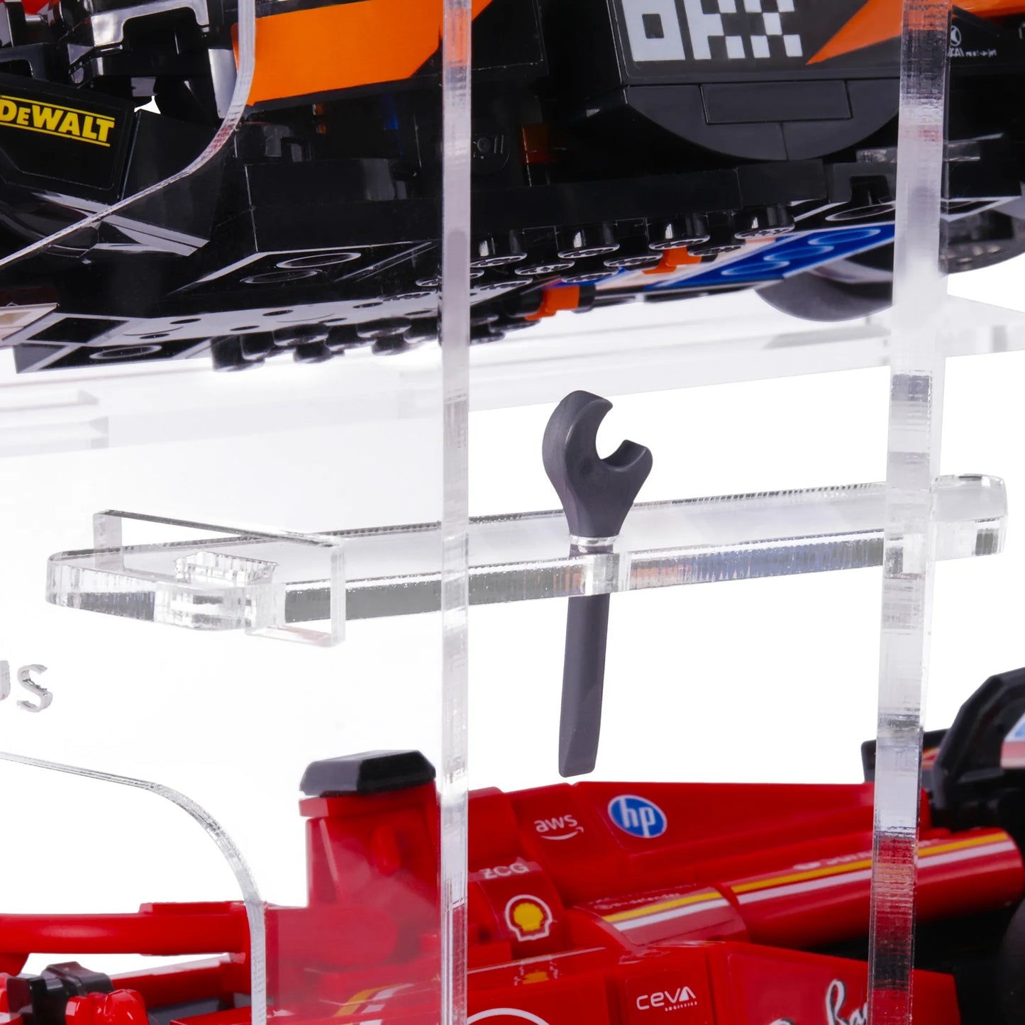 Side view of Brix Plus 4-Car stand showing dedicated minifigure platforms