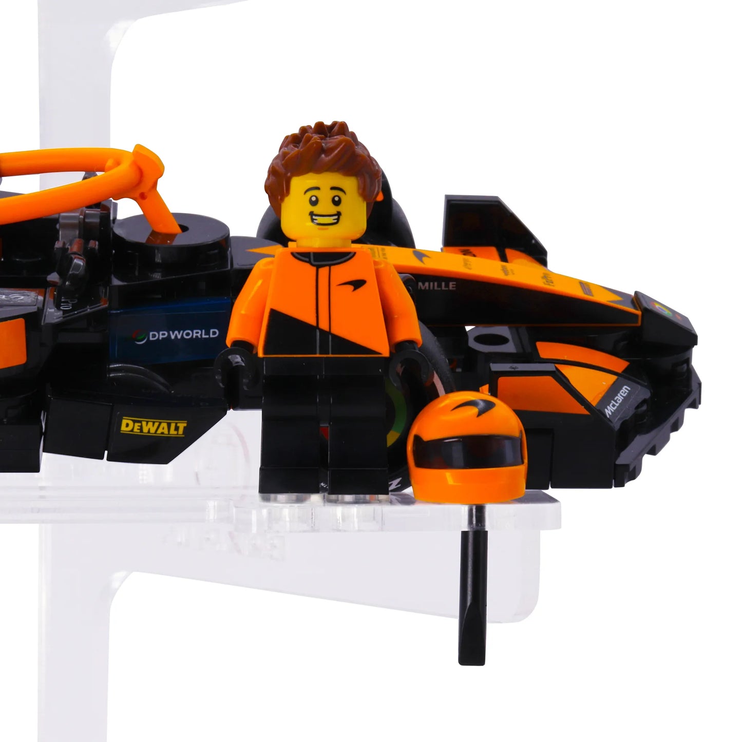 Detail of Brix Plus 2-Car stand showing minifigure platform and accessory holder